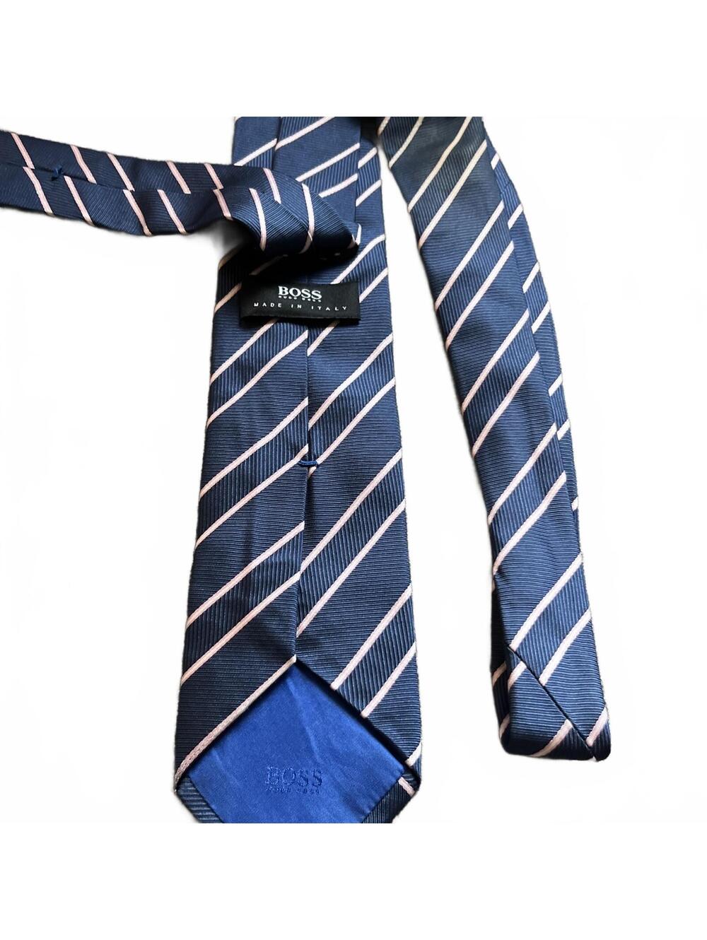 Hugo Boss Navy Blue and Pink Striped Silk Tie Made in Italy